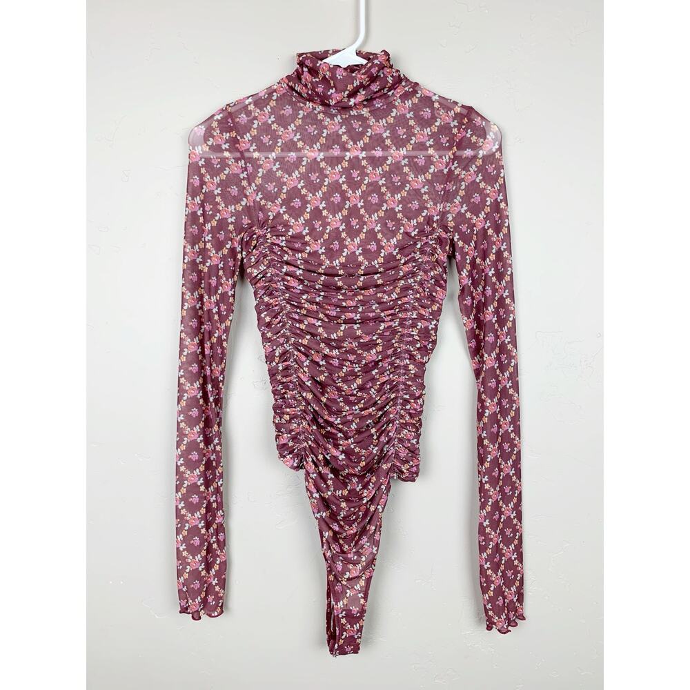 Free People Intimately Under It All Bodysuit Printed Mesh Purple Floral Womens S